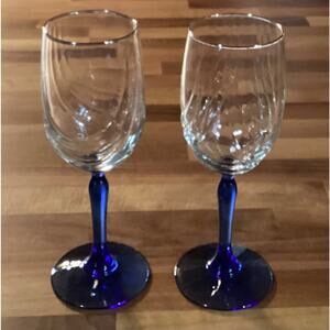 Lenox Crystal Blue Gold Trim Wine Glasses 8" Set of 2